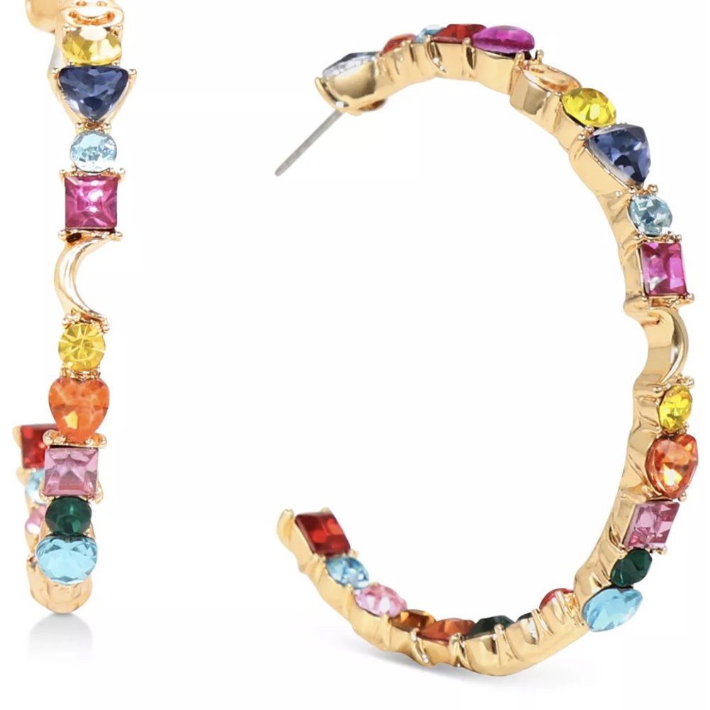 Gold-Tone Medium Multicolor Crystal & Stone Mixed Charm C-Hoop Earrings, 2"